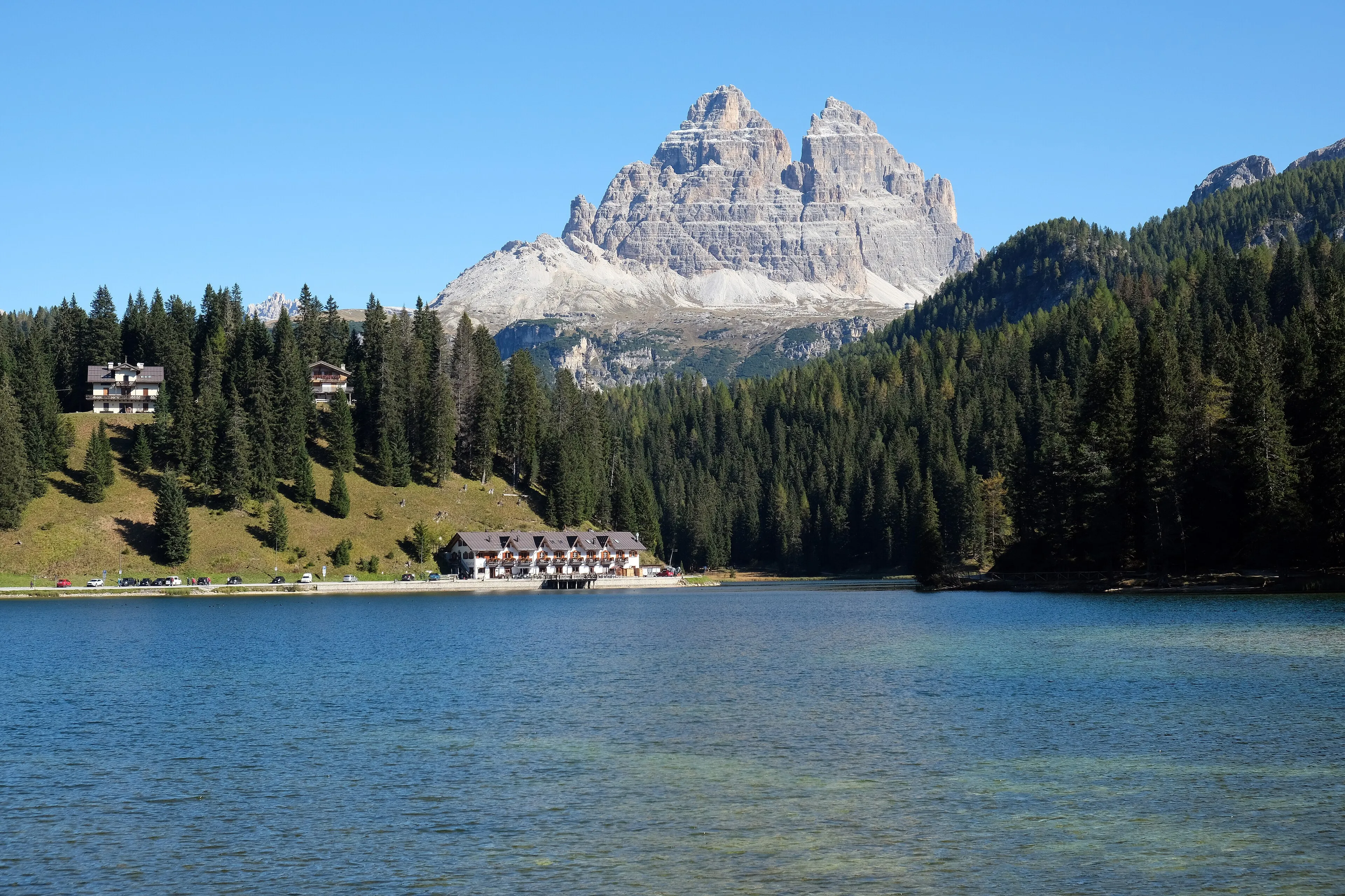 Lake Misurina with the three towers of Tre Cime di Lavaredo rising in the background