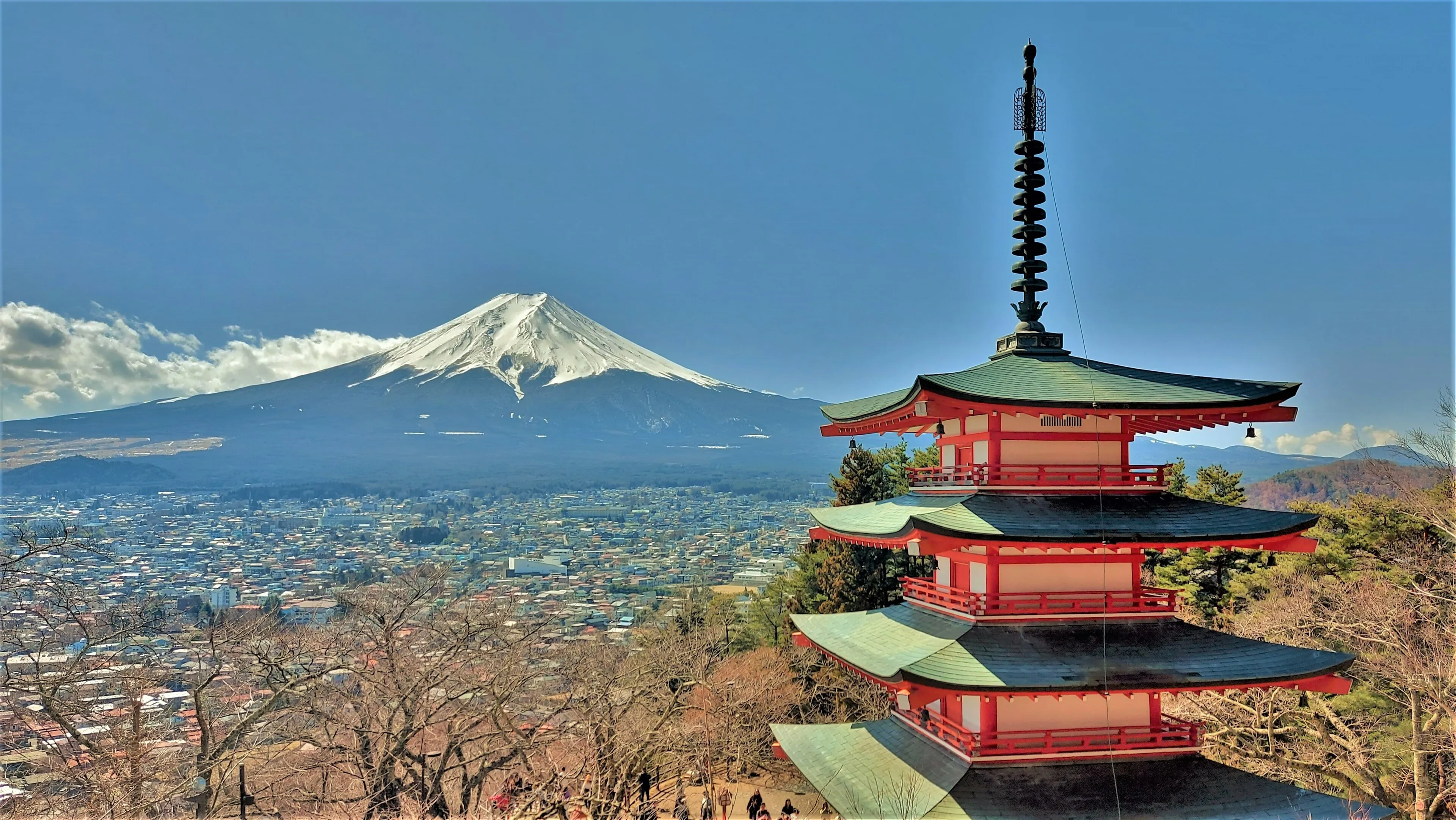 The five-storey Chureito Pagoda in Fujiyoshida with Mount Fuji behind it